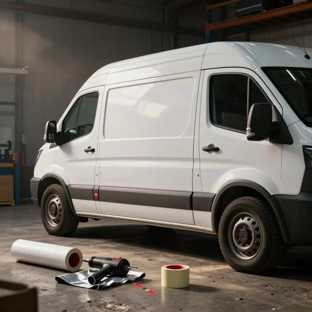 White cargo van being wrapped with tools and vinyl rolls in a dusty warehouse