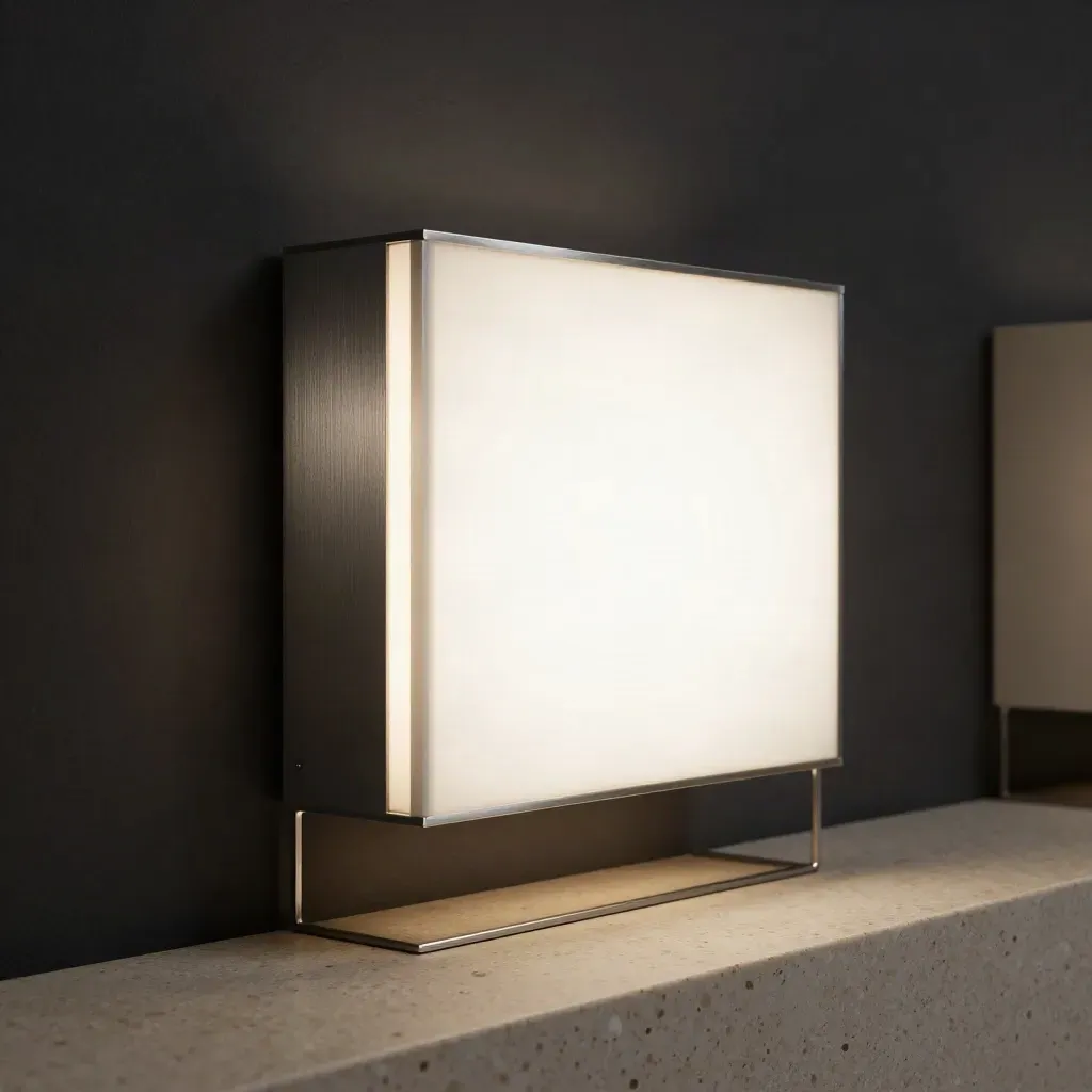 Glowing wall-mount LED lightbox cabinet on a dark wall with travertine and brushed metal accents.