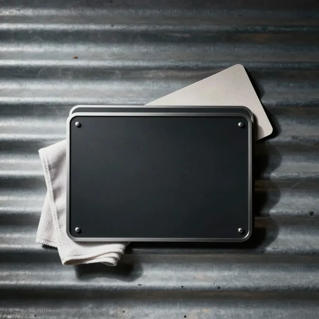 Two blank truck door magnets on corrugated steel with a microfiber cloth edge, overhead flatlay.