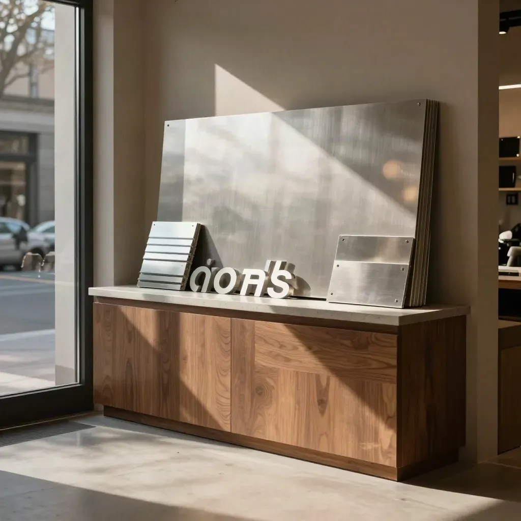 Sunlit sign workshop corner with aluminum samples, channel-letter forms, and a storefront edge